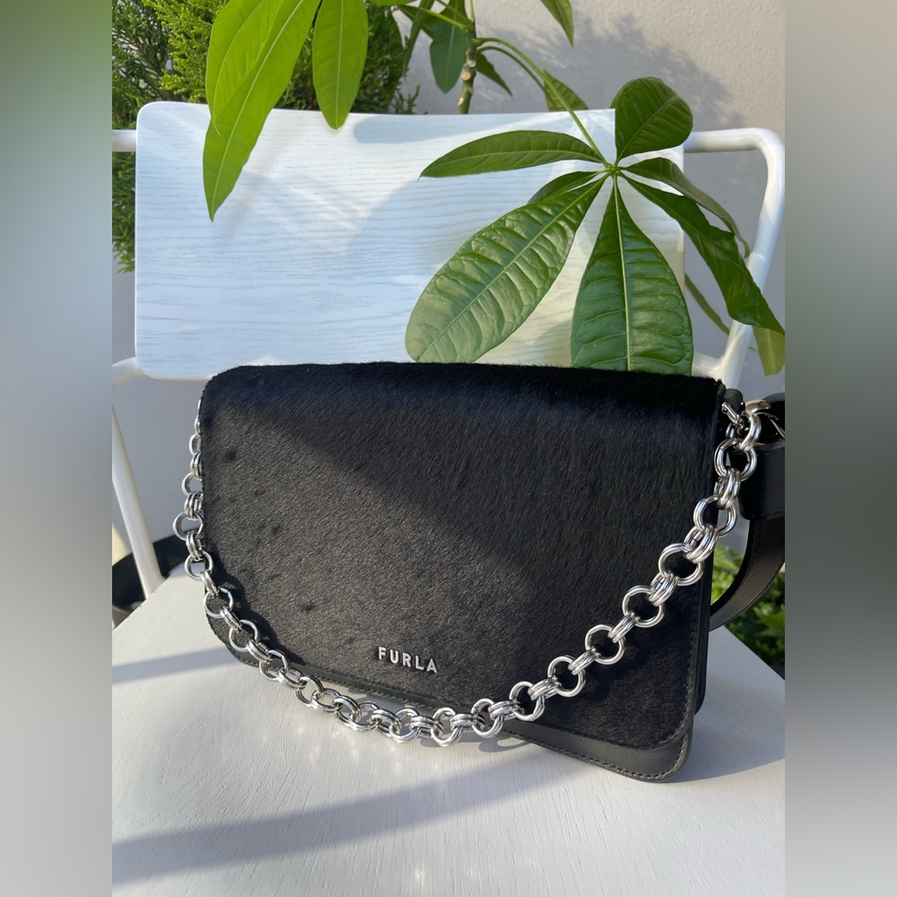 🌿 Furla Splendida Fur Leather Handbag / Bag Clutch / Shoulder-Bag in Black
